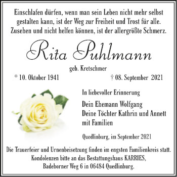 Traueranzeige von Rita Puhlmann von Trauerkombi Quedlinburg