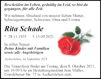 Traueranzeige von Rita Schade von Trauerkombi Aschersleben