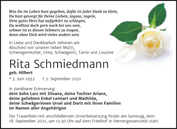 Traueranzeige von Rita Schmiedmann von Wochenspiegel Naumburg/Nebra
