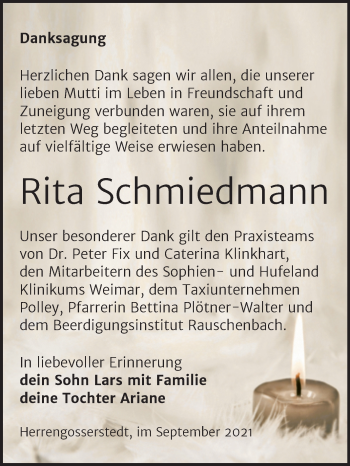 Traueranzeige von Rita Schmiedmann von Wochenspiegel Naumburg/Nebra