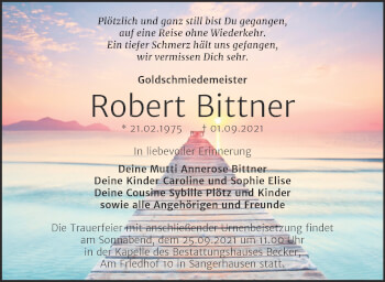 Traueranzeige von Robert Bittner von Trauerkombi Sangerhausen