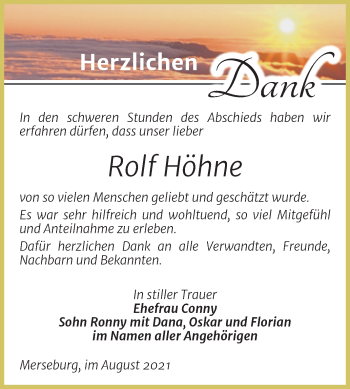 Traueranzeige von Rolf Höhne von Trauerkombi Merseburg