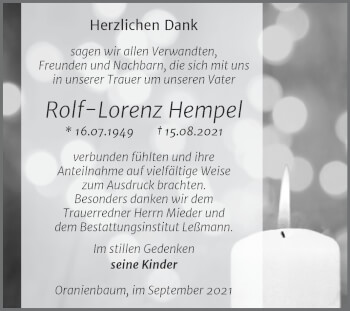 Traueranzeige von Rolf-Lorenz Hempel von Trauerkombi Wittenberg