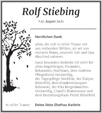 Traueranzeige von Rolf Stiebing von Trauerkombi Bitterfeld