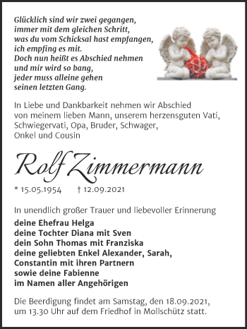 Traueranzeige von Rolf Zimmermann von Naumburger Tageblatt
