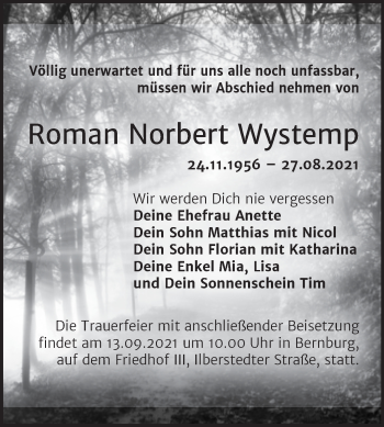 Traueranzeige von Roman Norbert Wystemp von Trauerkombi Bernburg