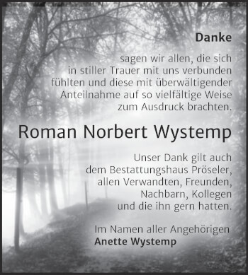 Traueranzeige von Roman Norbert Wystemp von Trauerkombi Bernburg
