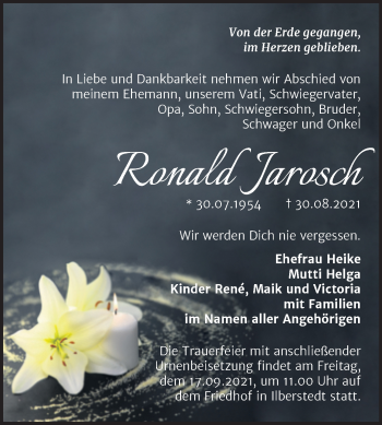 Traueranzeige von Ronald Jarosch von Trauerkombi Bernburg