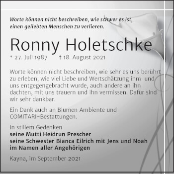 Traueranzeige von Ronny Holetschke von Trauerkombi Zeitz