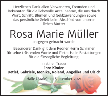 Traueranzeige von Rosa Marie Müller von Mitteldeutsche Zeitung Halle/Saalkreis