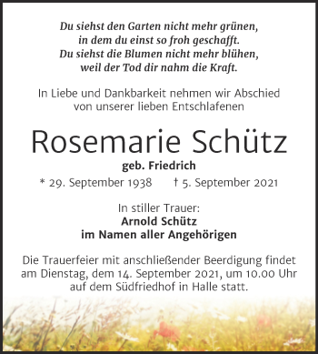 Traueranzeige von Rosemarie Schütz von Mitteldeutsche Zeitung Halle/Saalkreis
