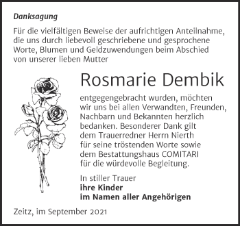 Traueranzeige von Rosmarie Dembik von Trauerkombi Zeitz