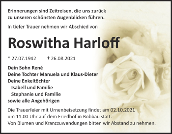 Traueranzeige von Roswitha Harloff von Trauerkombi Bitterfeld