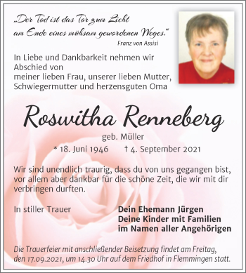 Traueranzeige von Roswitha Renneberg von Wochenspiegel Naumburg/Nebra