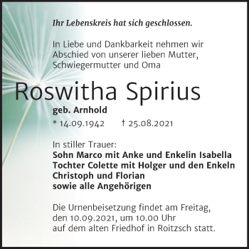 Traueranzeige von Roswitha Spirius von Trauerkombi Bitterfeld