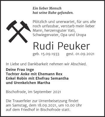 Traueranzeige von Rudi Peuker von Trauerkombi Mansfelder Land