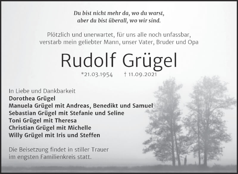  Traueranzeige für Rudolf Grügel vom 18.09.2021 aus Trauerkombi Bitterfeld