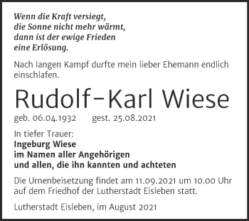 Traueranzeige von Rudolf-Karl Wiese von Trauerkombi Mansfelder Land