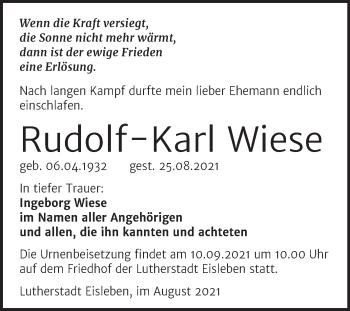 Traueranzeige von Rudolf-Karl Wiese von Trauerkombi Mansfelder Land