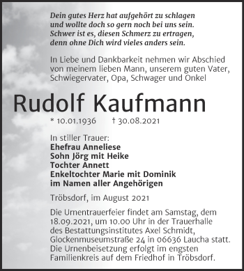 Traueranzeige von Rudolf Kaufmann von Wochenspiegel Naumburg/Nebra