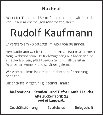 Traueranzeige von Rudolf Kaufmann von Naumburger Tageblatt