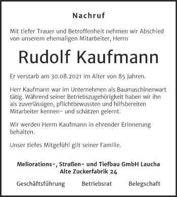 Traueranzeige von Rudolf Kaufmann von Wochenspiegel Naumburg/Nebra