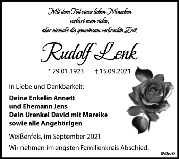 Traueranzeige von Rudolf Lenk von Trauerkombi Weißenfels