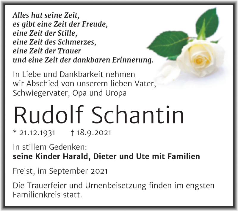  Traueranzeige für Rudolf Schantin vom 29.09.2021 aus Trauerkombi Mansfelder Land
