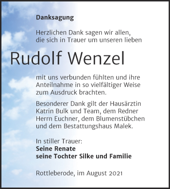 Traueranzeige von Rudolf Wenzel von Trauerkombi Sangerhausen