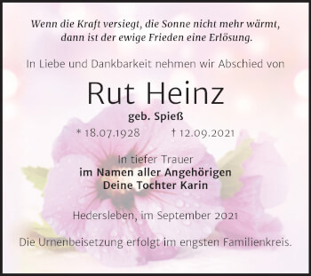 Traueranzeige von Rut Heinz von Trauerkombi Quedlinburg