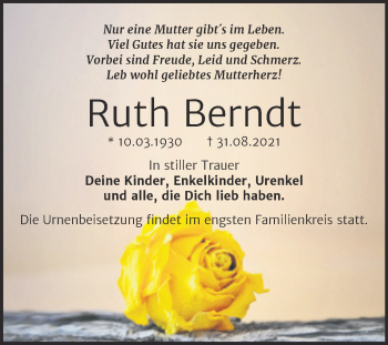 Traueranzeige von Ruth Berndt von Trauerkombi Wittenberg