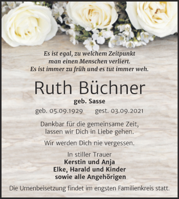 Traueranzeige von Ruth Büchner von Trauerkombi Bitterfeld