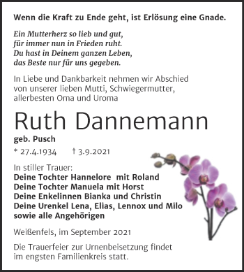 Traueranzeige von Ruth Dannemann von Trauerkombi Weißenfels