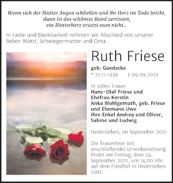 Traueranzeige von Ruth Friese von Trauerkombi Quedlinburg