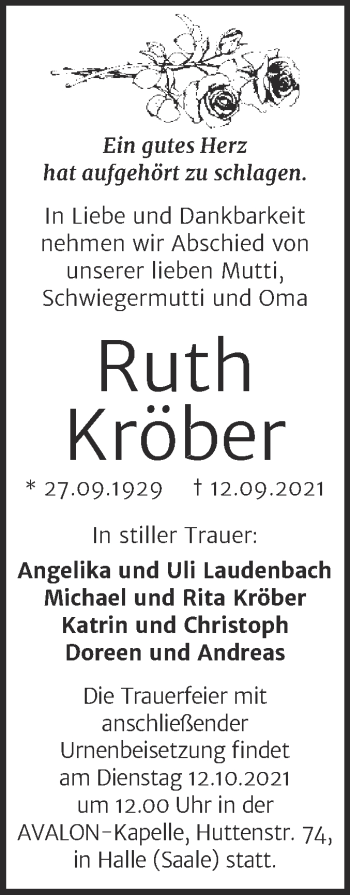 Traueranzeige von Ruth Kröber von Mitteldeutsche Zeitung Halle/Saalkreis