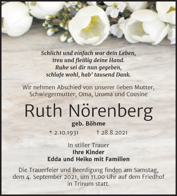 Traueranzeige von Ruth Nörenberg von Mitteldeutsche Zeitung Köthen