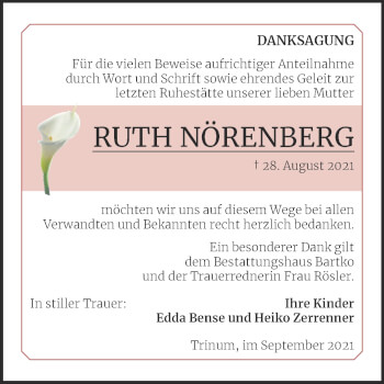 Traueranzeige von Ruth Nörenberg von Trauerkombi Köthen