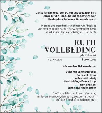 Traueranzeige von Ruth Vollbeding von Trauerkombi Köthen