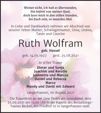 Traueranzeige von Ruth Wolfram von Trauerkombi Sangerhausen