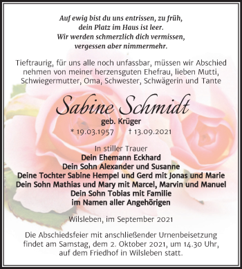 Traueranzeige von Sabine Schmidt von Trauerkombi Aschersleben