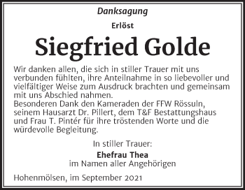 Traueranzeige von Siegfried Golde von Trauerkombi Weißenfels