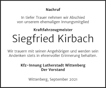 Traueranzeige von Siegfried Kirbach von Super Sonntag Wittenberg