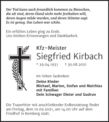 Traueranzeige von Siegfried Kirbach von Trauerkombi Wittenberg