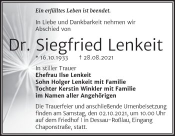 Traueranzeige von Siegfried Lenkeit von Trauerkombi Dessau
