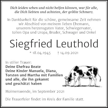 Traueranzeige von Siegfried Leuthold von Trauerkombi Mansfelder Land