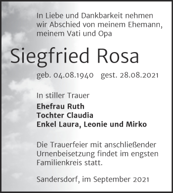Traueranzeige von Siegfried Rosa von Trauerkombi Bitterfeld