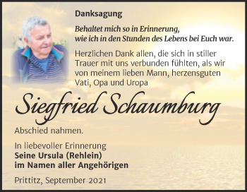 Traueranzeige von Siegfried Schaumburg von Trauerkombi Weißenfels