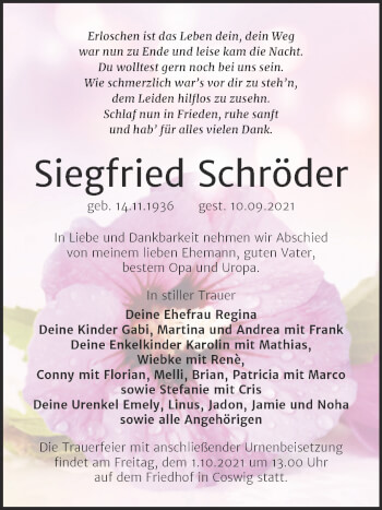 Traueranzeige von Siegfried Schröder von Trauerkombi Wittenberg