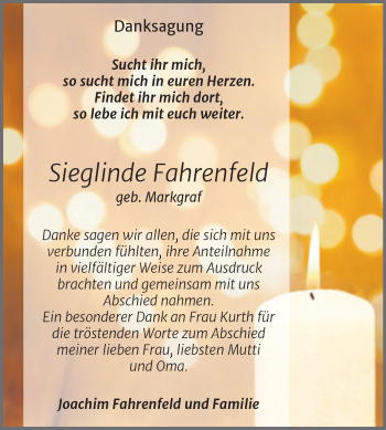 Traueranzeige von Sieglinde Fahrenfeld von Trauerkombi Mansfelder Land