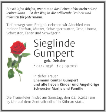 Traueranzeige von Sieglinde Gumpert von Trauerkombi Dessau